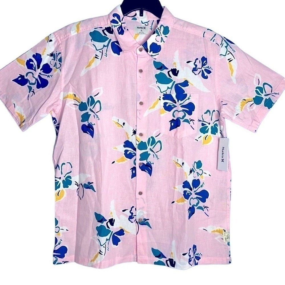 Hurley‎ Mens XL Rincon Linen Flamingo Pink Short Sleeve Button Up Shirt